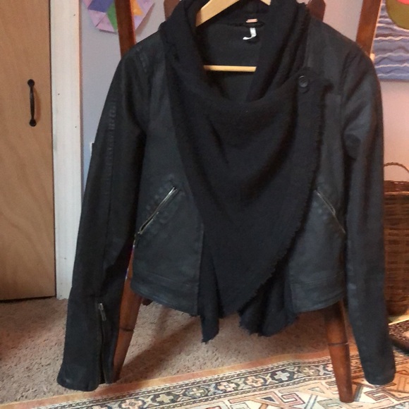 *RARE* Free People Shawl Collar Moto Jacket Black Denim Size 0 - Picture 9 of 13